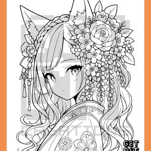 Pu&ograve; includere: Una pagina da colorare in bianco e nero raffigurante un personaggio in stile anime con orecchie da volpe, lunghi capelli ondulati e un grande copricapo floreale. Il personaggio indossa un kimono a motivi. Il testo GET BIT CREATIONS &egrave; visibile.