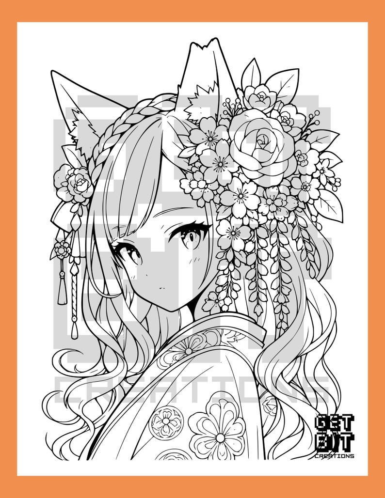 Pu&ograve; includere: Una pagina da colorare in bianco e nero raffigurante un personaggio in stile anime con orecchie da volpe, lunghi capelli ondulati e un grande copricapo floreale. Il personaggio indossa un kimono a motivi. Il testo GET BIT CREATIONS &egrave; visibile.