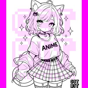 Pode incluir: Uma ilustra&ccedil;&atilde;o de arte linear em preto e branco de um personagem com orelhas de gato, vestindo uma camiseta com a palavra ANIME impressa na frente, uma saia plissada e uma jaqueta. O fundo apresenta texto pixelado e o logo GET BIT CREATIONS.