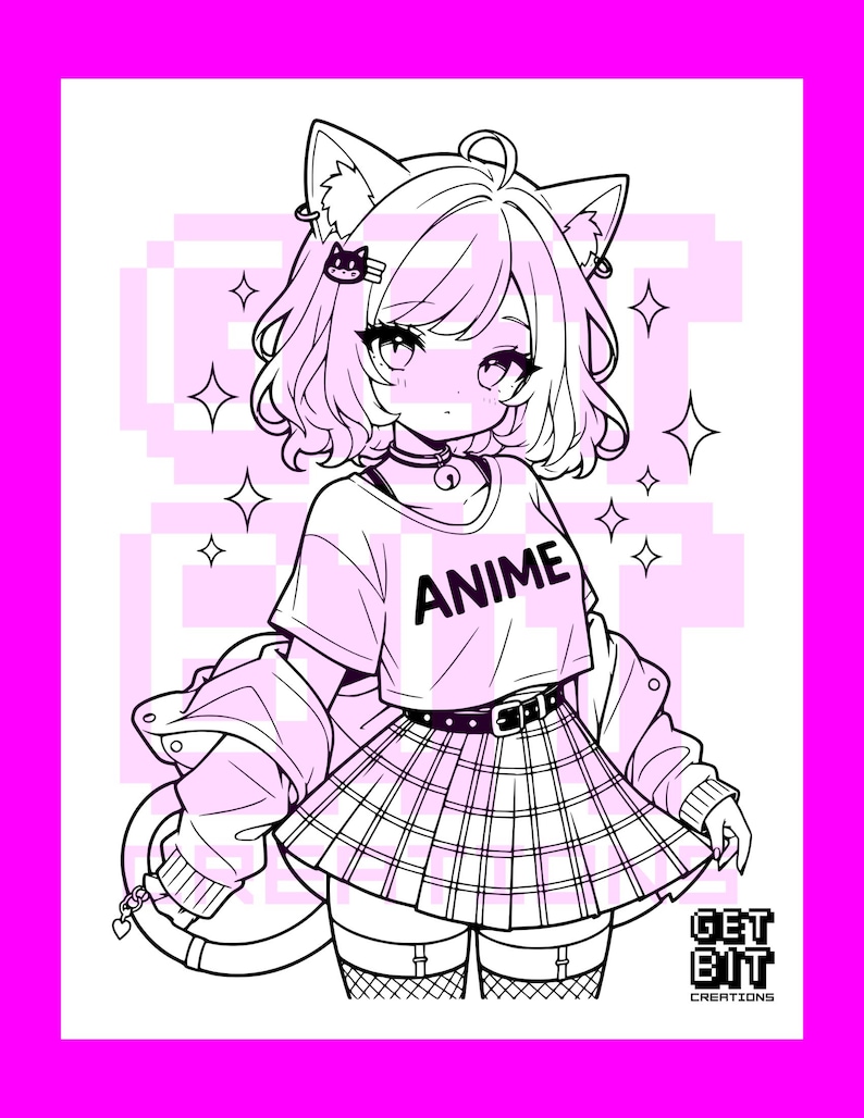 Pode incluir: Uma ilustra&ccedil;&atilde;o de arte linear em preto e branco de um personagem com orelhas de gato, vestindo uma camiseta com a palavra ANIME impressa na frente, uma saia plissada e uma jaqueta. O fundo apresenta texto pixelado e o logo GET BIT CREATIONS.