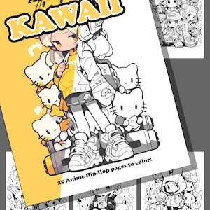 Può includere: Un libro da colorare con un'illustrazione in bianco e nero di una ragazza che indossa una giacca gialla e uno zaino. Il titolo del libro è "All Things Kawaii" e il sottotitolo è "25 pagine di anime hip-hop da colorare!"