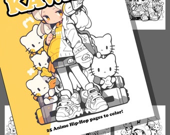 Pode incluir: Um livro para colorir com uma ilustração em preto e branco de uma menina usando uma jaqueta amarela e uma mochila. O título do livro é "All Things Kawaii" e o subtítulo é "25 páginas de anime hip-hop para colorir!"