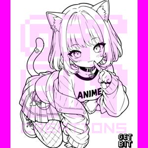 Pode incluir: Uma ilustra&ccedil;&atilde;o de arte linear em preto e branco de um personagem com orelhas de gato e cabelo curto, usando uma gargantilha com pingente de cora&ccedil;&atilde;o, uma camisa com o texto ANIME, uma saia plissada com corrente e meias arrast&atilde;o. Texto GET BIT CREATIONS.