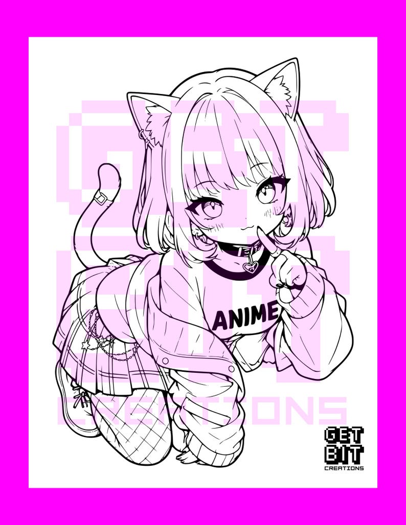 Pode incluir: Uma ilustra&ccedil;&atilde;o de arte linear em preto e branco de um personagem com orelhas de gato e cabelo curto, usando uma gargantilha com pingente de cora&ccedil;&atilde;o, uma camisa com o texto ANIME, uma saia plissada com corrente e meias arrast&atilde;o. Texto GET BIT CREATIONS.
