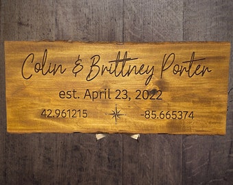 Custom Live Edge Wedding Sign / Wood Wedding Sign / Custom GPS Coordinates / Bar Sign / Wood Stain