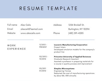 May include: A blue resume template with a white background. The resume is for Alex Celis and includes contact information, work experience, education, and skills. The resume lists experience at Louveric Manufacturing Corporation, Princeton University of Applied Sciences, and Simplex Microsystems. The resume also lists a Bachelor of Sciences in Marketing from Halden University of Applied Sciences. The skills listed include accounting, brand management, quality improvement, computer software, data consolidation, research, statistics interpretation, and costing.
