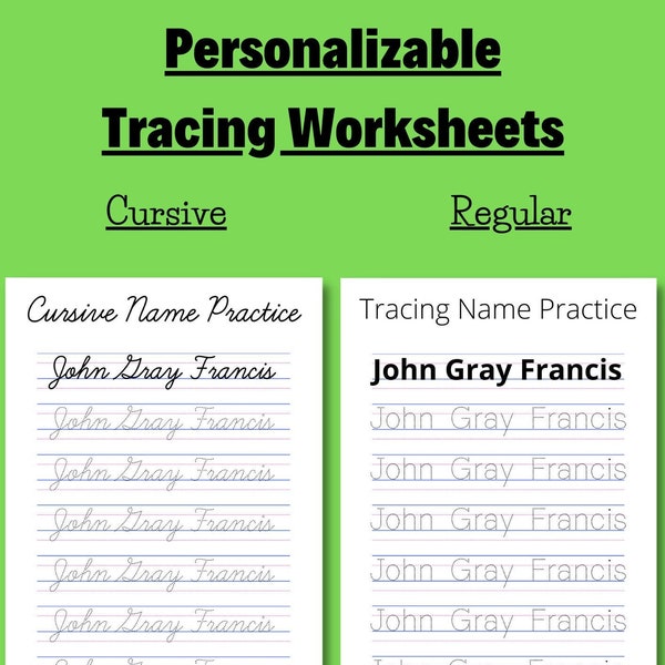 Personalizable Cursive/Regular Name Tracing Worksheets, 2 Printable Pages Cursive/Regular Font, Handwriting/Tracing Letter Practice PDF File