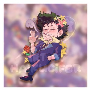 Puede incluir: Una ilustración de dibujos animados de un hombre con cabello verde, que lleva un traje azul y una corbata amarilla, fumando un cigarrillo. Está rodeado de estrellas y flores. El texto "ART BY HAKUCIFER" es visible en el fondo.