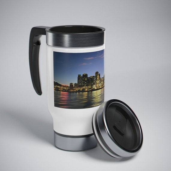 to-go coffee mugs, Waterfront Views, Stainless Steel Travel Coffee Mug with Handle, Ferry Life, Boating, Sailing, San Francisco Bay, tea