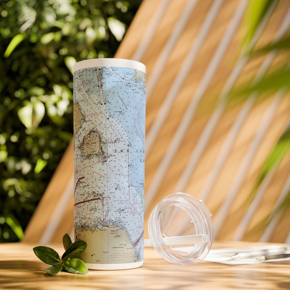 20oz Skinny Stainless Steel San Francisco Bay Map Tumbler with Lid & Straw.