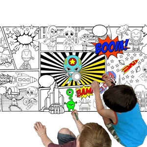 Comic Book Jumbo Coloring Page - Super hero Birthday Activity, Party Activity, Color a Comic Strip, Table Cloth, Table Runner, Party Decor