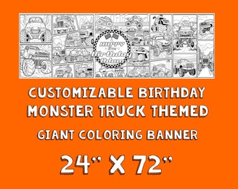 Custom Monster Truck Birthday Coloring Banner – Party Table Runner (24x72 inches)