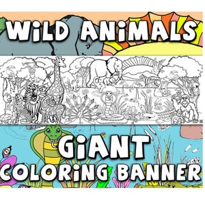 Banner de actividad para colorear de animales salvajes - Página de actividades Jumbo con tema animal, 24x72 pulgadas, fiesta de cumpleaños, elefantes, jirafa, león