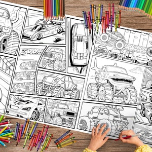 May include: A black and white coloring book featuring a variety of monster trucks and cars. The book is open to a page with a monster truck with a shark head and a monster truck with a bull head. The book is surrounded by colored pencils.