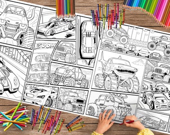 Monster Trucks & Race Cars Coloring Banner – 24x72" Party Activity
