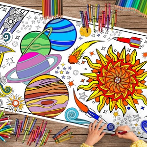 Banner para colorear del espacio exterior - Póster de fiesta gigante, 24x72 pulgadas, corredor de fiesta de cumpleaños, mantel colorable, STEM, planetas, cohetes, estrellas