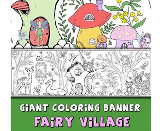 Fairy Village Jumbo Coloring Page - Woodland Fairies, 24x72 inches, Enchanted Forest, Birthday Party Activity, table cloth, table runner