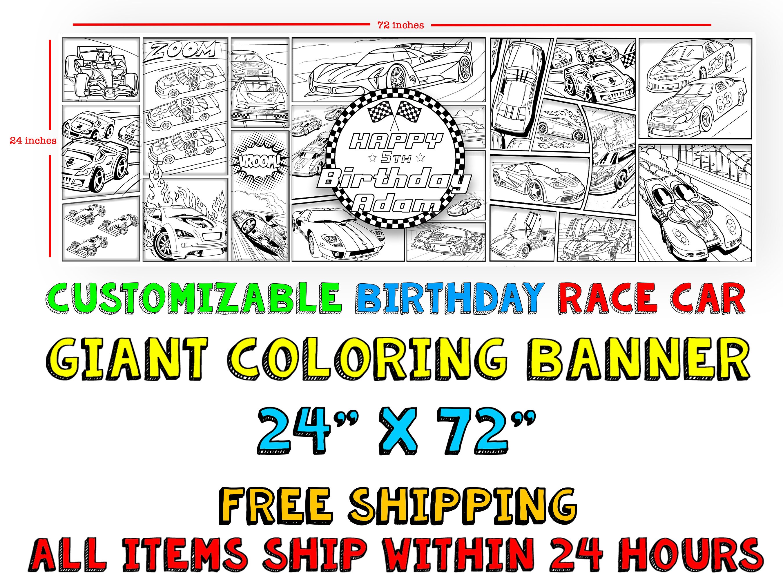 Custom Race Car Themed Birthday Coloring Banner- 24x72 Inches, Birthday ...
