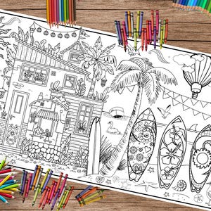 May include: A black and white coloring poster featuring a beach scene with a house, palm trees, surfboards, a hot air balloon, and a van. The illustration includes intricate patterns and is surrounded by scattered colored pencils on a wooden surface.