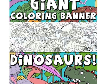 Może przedstawiać: Duży baner do kolorowania przedstawiający różne dinozaury. Baner jest czarno-biały i zawiera tekst "GIANT COLORING BANNER DINOSAURS!"