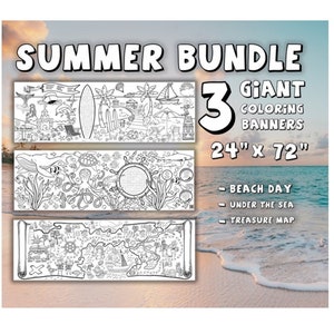 May include: A set of three giant coloring banners featuring summer themes. The banners are 24 inches by 72 inches and include designs for a beach day, under the sea, and a treasure map.