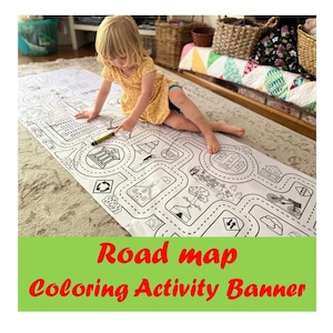 Road Map Coloring Banner - Race Car Table Runner, Neighborhood Theme Jumbo Activity, Street Map, Birthday Group Activity, 24x72 inch poster