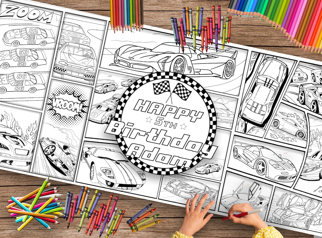 Custom Race Car Themed Birthday Coloring Banner- 24x72 Inches, Birthday