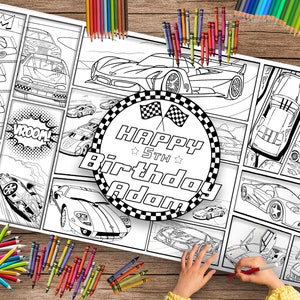 May include: A black and white coloring page featuring a race car theme. The page includes a large circle with the text "Happy 5th Birthday Adam".