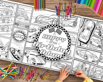 Custom Race Car Birthday Coloring Banner – Party Activity, Table Runner (24x72 inches)