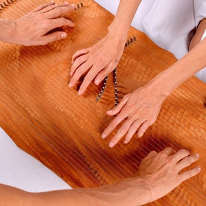 May include: Two people playing a wooden musical instrument called a  'Lyre' or 'Harp' with strings. The instrument has a natural wood finish and is decorated with intricate carvings. The word 'INTUITIV' is visible on the instrument.