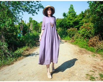 Plus Size Women Summer  Long Retro Casual Loose Dress Cotton And Linen Large Swing Maxi Dress