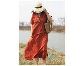 New Summer Women Oversized Short Sleeve V-Neck Cotton Linen Maxi Dresses Loose Casual Solid Color Ankle Length Retro Flax Clothing