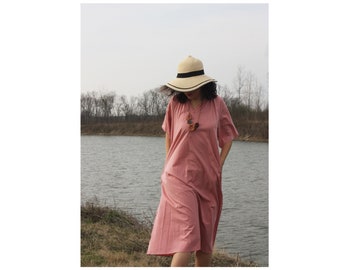 Summer Women Oversized Linen clothing Short Sleeve V Neck  Loose Casual Solid Color With Pockets French Design big size Dresses