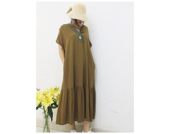 Summer Custom Women Cotton Linen Oversized Clothing .Casual Loose Large Size  Vintage Short Sleeve Large Swing Maxi Dresses With Pockets