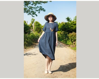 Oversized Summer Women Retro Casual Loose Long Dress Cotton Linen Solid Short Sleeve Dress Plus Size