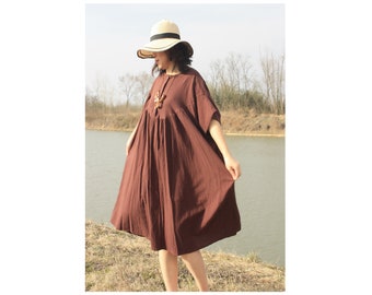 Summer Custom Women Cotton Linen Oversized Clothing .Casual Loose Large Size Bat Sleeve Large Swing Maxi Dresses