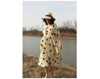 Summer Women Vintage Polka Dot Solid Color Short-sleeve V-Neck Casual Loose Maxi Dress.Lady's Unique Linen Cotton Plus Size Clothing