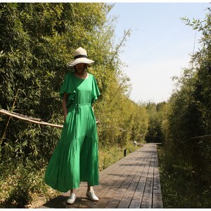 NEW Women's Maxi Linen Clothing .Casual loose Large Size Vintage Ruffled Cuff Pleated full-skirted Long Dresses image 4