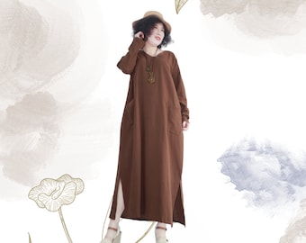 Kaftan Maxi clothing Solid Color long-sleeve V-neck Cotton And Linen Casual loose long plus size dress