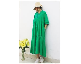 Custom Women Cotton Linen Oversized Clothing .Casual Loose Large Size Over The Knee Retro Short Sleeve Large Swing Maxi Dresses With Pockets