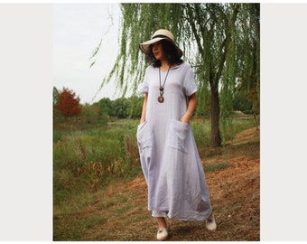 Summer Women Oversized Linen Dresses. Plus Size Solid Color Short-sleeve Round Neck Casual Loose long Large Swing Maxi Dresses With Pockets