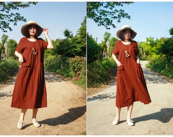 New Summer Women Oversized Short-Sleeve long Dress Loose Casual Skirt Solid Color With Pockets