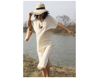 NEW Summer Women Minimalist Retro Long Loose Oversized Kaftan V-neck Short Sleeved Oversized Cotton Linen Handmade Dresses