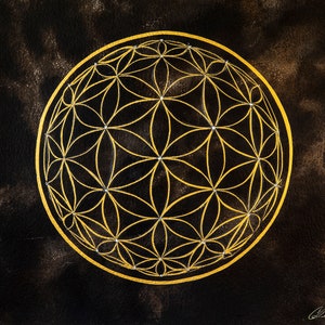 May include: A gold geometric pattern, known as the Flower of Life, is drawn on a black background. The pattern is surrounded by a gold circle.