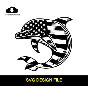 Amerikanische Flagge und Delphin Hintergrund schwarz weiß SVG Vektordatei für das Laserschneiden