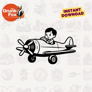 May include: A monochrome illustration of a child piloting a vintage aeroplane. The image features a propeller, wheels, and the text "INSTANT DOWNLOAD". The logo for "The Drunk Fox" is in the upper left corner.