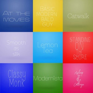 Könnte beinhalten: Eine Collage aus neun bunten Quadraten mit weißem Text auf jedem Quadrat. Der Text enthält Sätze wie "Im Kino", "Basic Modern Bald Guy", "Catwalk", "Glatt wie Seide", "Zitronentee", "Stehen am Ufer", "Stilvoller Mönch", "Modernista" und "Schlaf im Häuschen".