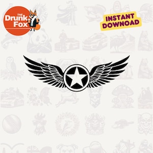 May include: A black and white graphic of wings with a star in the center. The wings are spread wide, with detailed feathering. The star is white, set within a black circle. The words "INSTANT DOWNLOAD" are in a yellow banner.