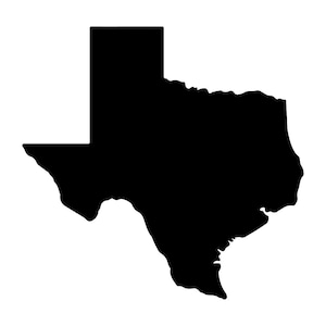May include: A black silhouette of the state of Texas.
