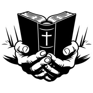 Mani che tengono la Bibbia SVG / File di taglio laser in bianco e nero / Design di arte religiosa / Modello di artigianato cristiano